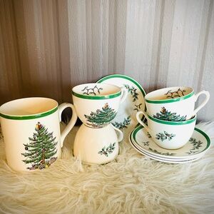 Vtg Spode Christmas Tree Set of 4 Tea Cups & Saucers England Plus 1 Coffee Mug